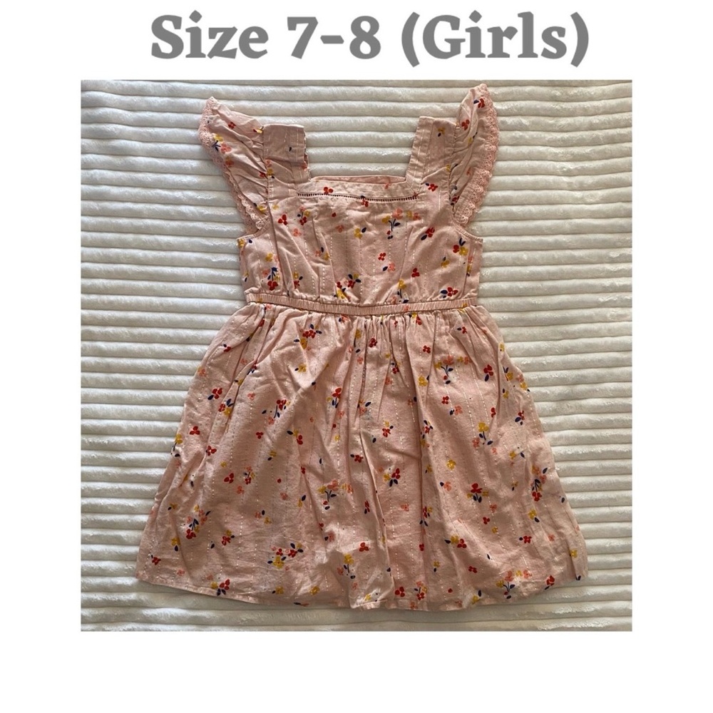 Cat & Jack Girls Pink Floral Fit & Flare Dress 7-8 Sleeveless Square Neck Ruffle
